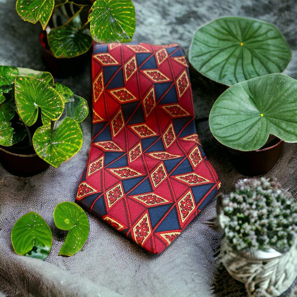 LANVIN Long Wide Tie 100% Silk Seta Made in France Red Navy Black Gold Abstract
